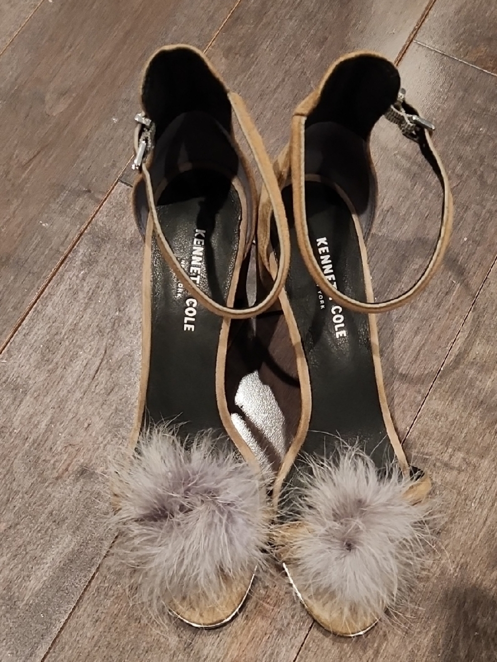 Kenneth Cole Beige Suede Ankle-Strap Heels with Gray Fur Pom